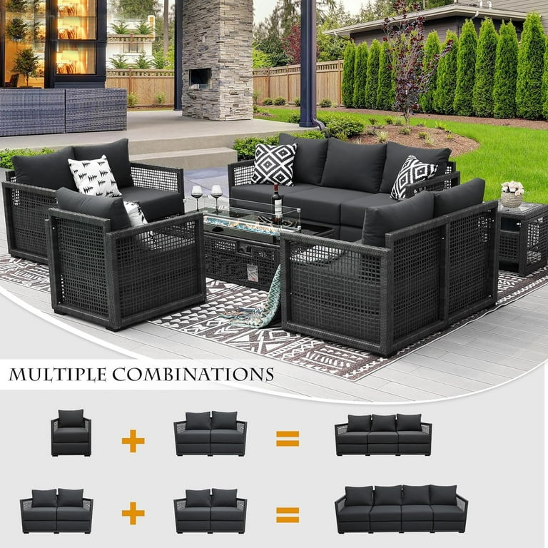 NICESOUL 10 Pieces PE Wicker Heated Patio Furniture Sectional High Back Ultra Thick Cushion Sofa Set with Fire Pit Table 55000 BTU Rattan Conversation