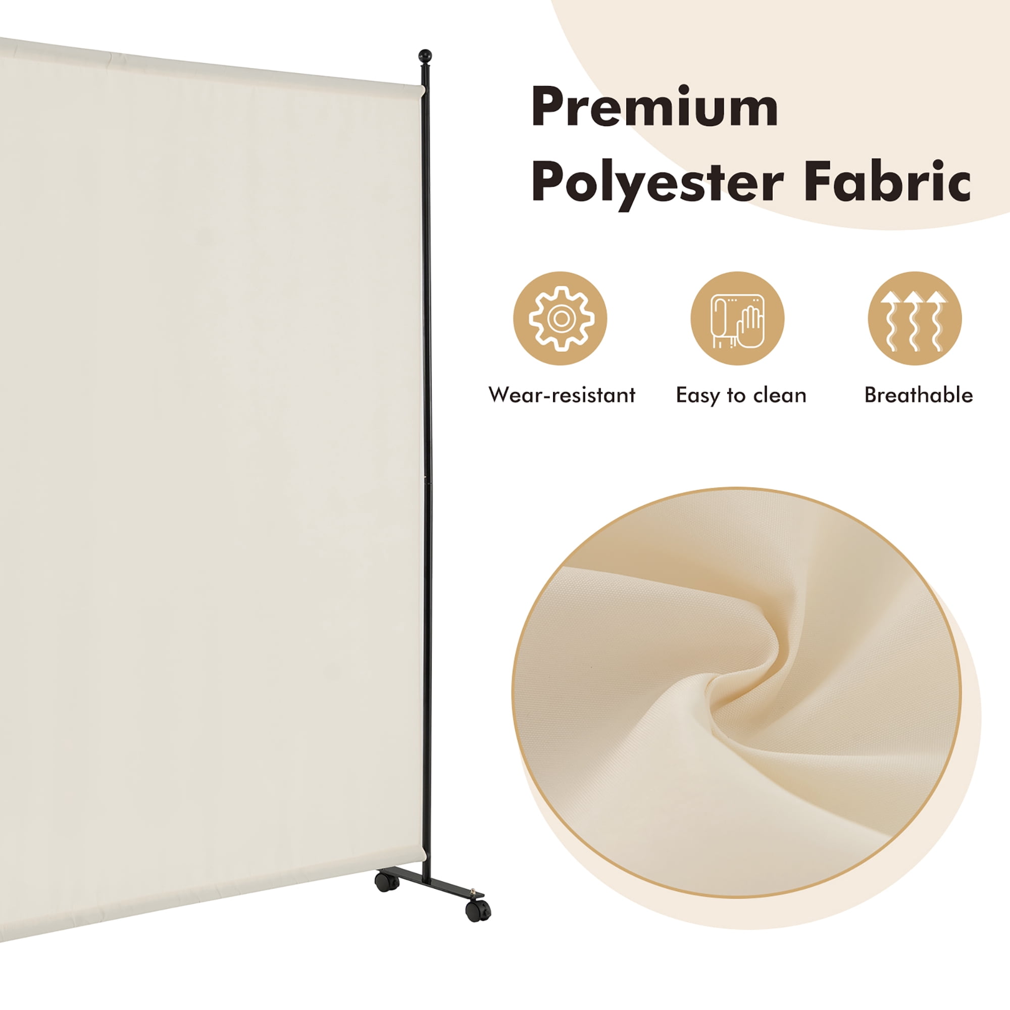 Costway 6FT Single Panel Room Divider with Wheels Rolling Fabric Partition Privacy Screen White