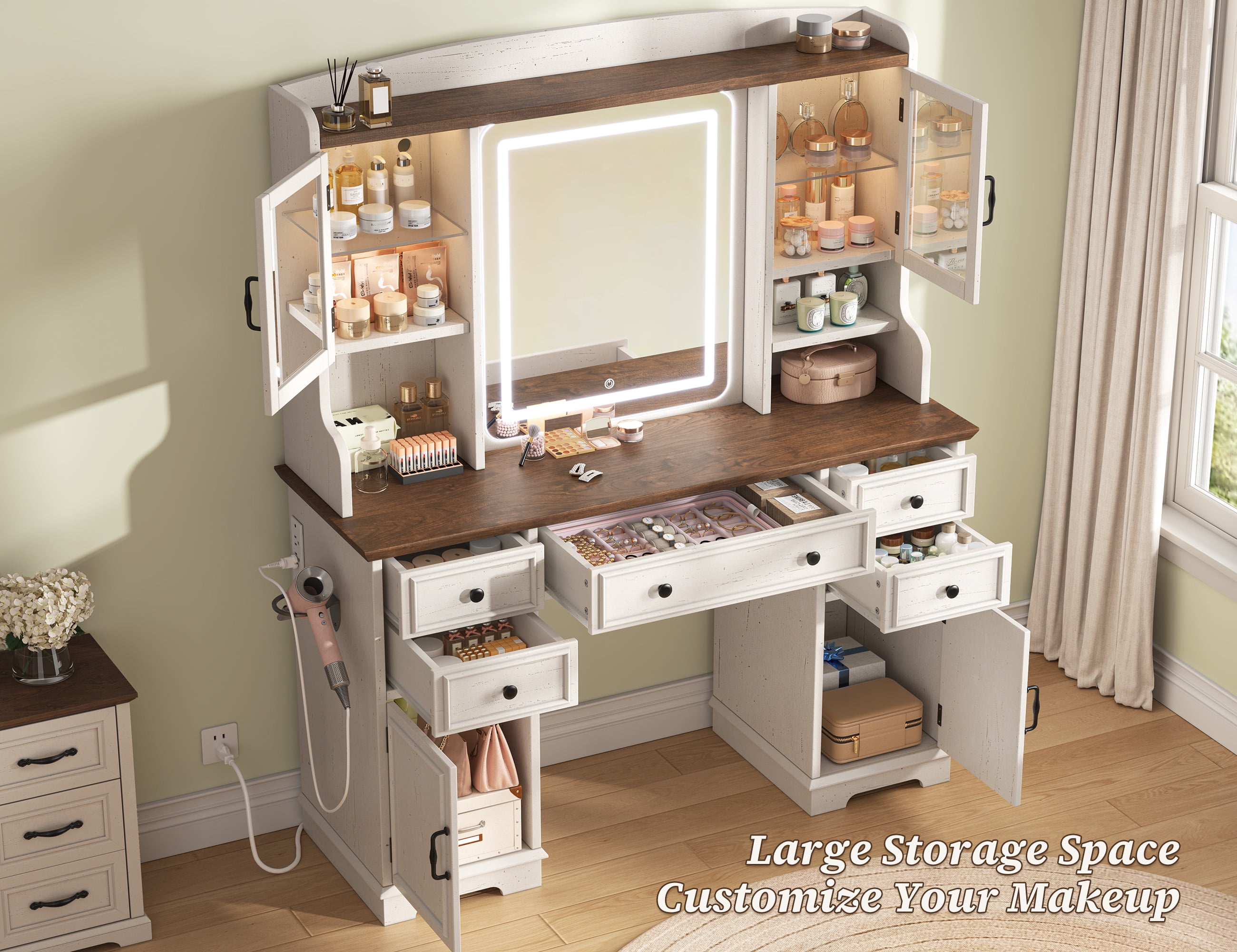 EnHomee Farmhouse Vanity Desk with Mirror and Lights White Vanity with Lighted Mirror Makeup Vanity Set with RGB Cabinets and Storage Drawers