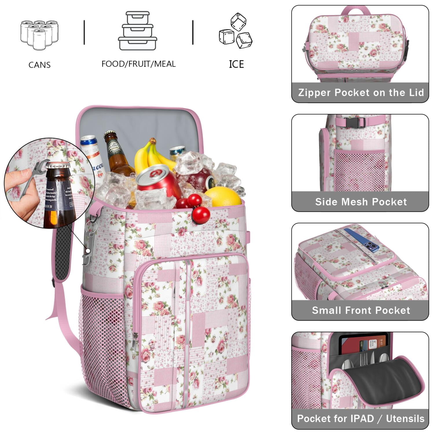 Travel Cooler Bag - Pioneer Flower Camping Beer Cooler Backpack with Bottle Opener- Waterproof Insulated Picnic Backpacks - Cooler Bag for Beach