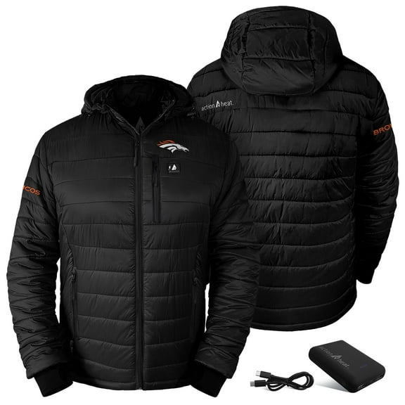 Men's ActionHeat Black Denver Broncos 5V Battery Heated Insulated Puffer Full-Zip Hoodie Jacket
