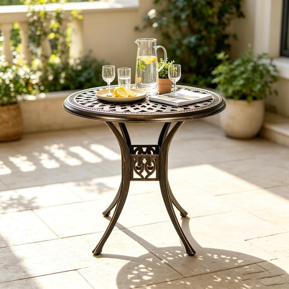 30.7" Outdoor Round Cast Aluminum Patio Dining Table with Umbrella Hole, Bistro Table for Backyard Lawn Balcony Deck, Bronze