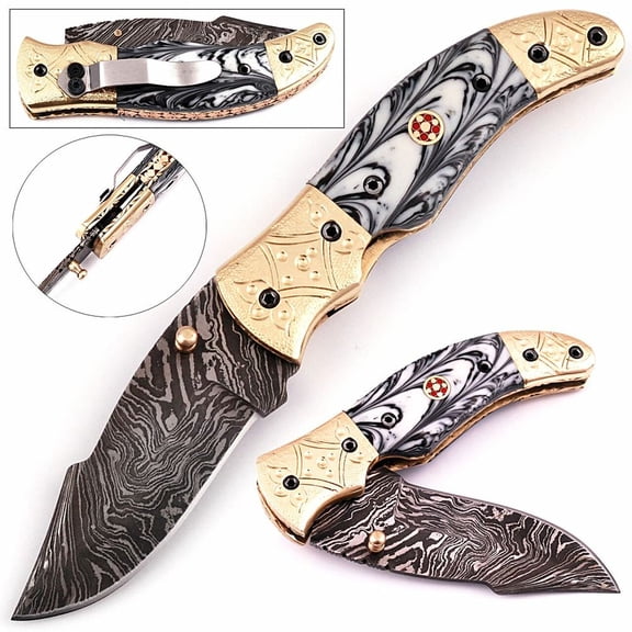 White Deer Executive Series White & Black Damascus Folding Knife