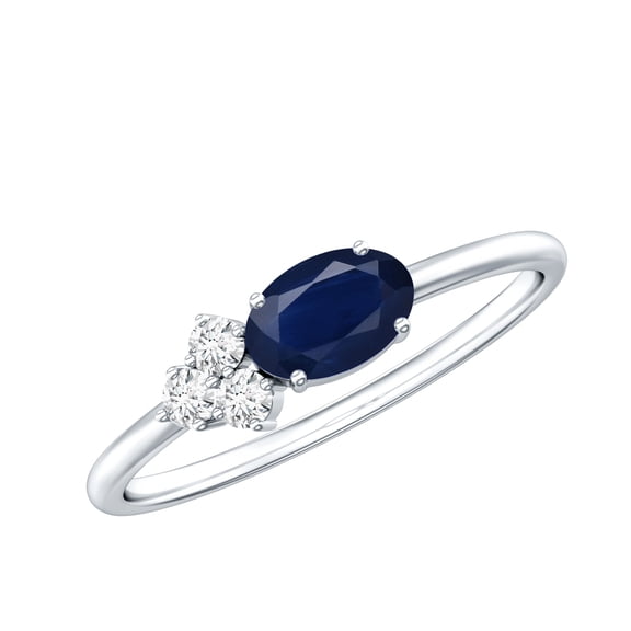 Rosec Jewels Natural Oval Cut Blue Sapphire Promise Ring with Diamond Trio, 925 Sterling Silver, US 4.00