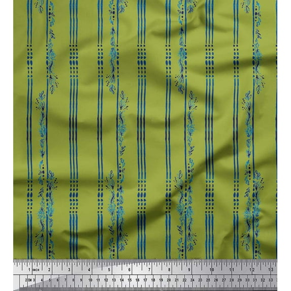 Soimoi Green Georgette Viscose Fabric Leaves & Stripe Print Sewing Fabric Yard 42 Inch Wide