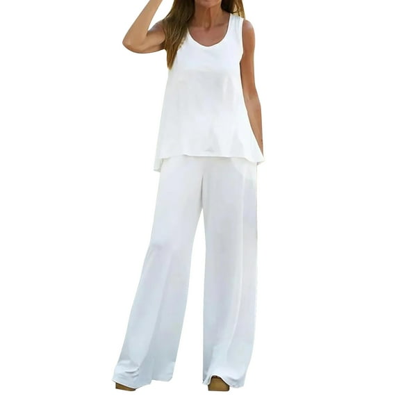 BYHONG Women Pants Boho Casual Solid Color Vest Sleeveless Top Loose Wide Leg Pants Trousers Two Piece Set Suit Womens Pant Suits White S