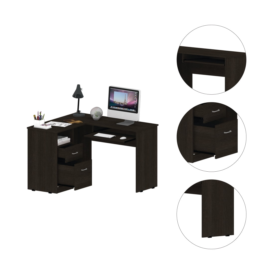 Miekor Furniture Mix L-Shaped Desk, Keyboard Tray, Two Drawers, Single Open Shelf -Black 1961