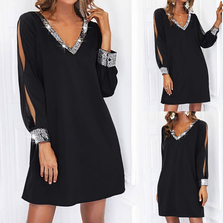 ASFGIMUJ Women Shiny Mesh Stitching Glamorous Black V Neck Mini Dress Long Sleeve Dress Silk Cotton A Line Dress plus Size Fancy Dress Casual Dresses for Women Long Sleeve Summer Dresses - ASFGIMUJ Women Shiny Mesh Stitching Glamorous Black V Neck Mini Dress Long Sleeve Dress Silk Cotton A Line Dress plus Size Fancy Dress Casual Dresses for Women Long Sleeve Summer Dresses -