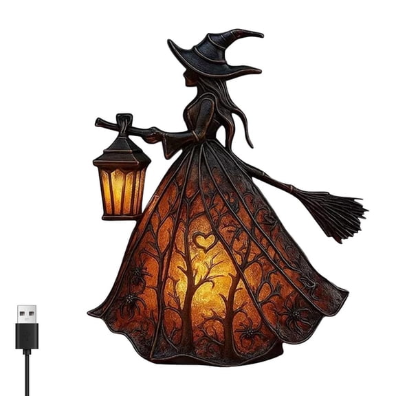 Halloween Witch Lamp, Resin Witch Riding Broomstick Figurine with Warm LED Glow, Gothic Tabletop Decor for Bedroom, Mantel, Desk, Party & Holiday Decoration