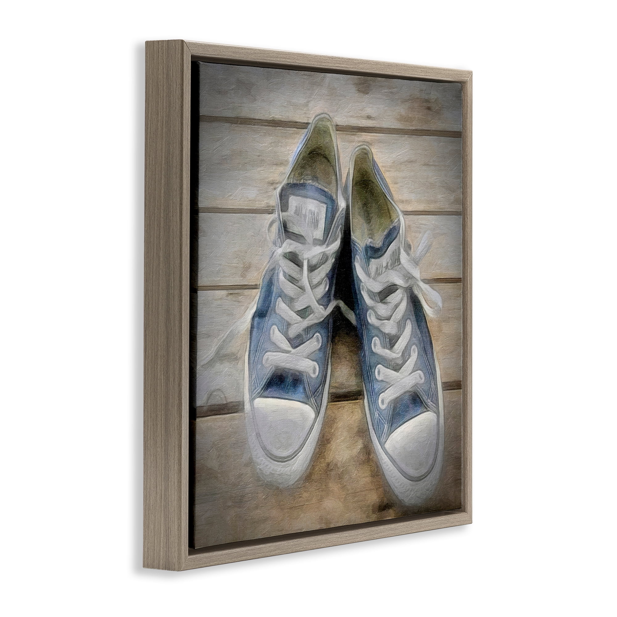 Stupell Industries Denim Blue Classic Sneakers Fashion Painting Brown Floater Framed Canvas Art Print Wall Art, 25 x 25