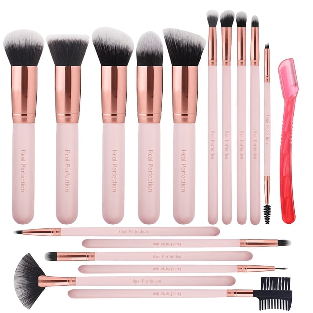 Set de brochas de maquillaje Real Perfection, 16 unidades, con maquinilla de afeitar para cejas