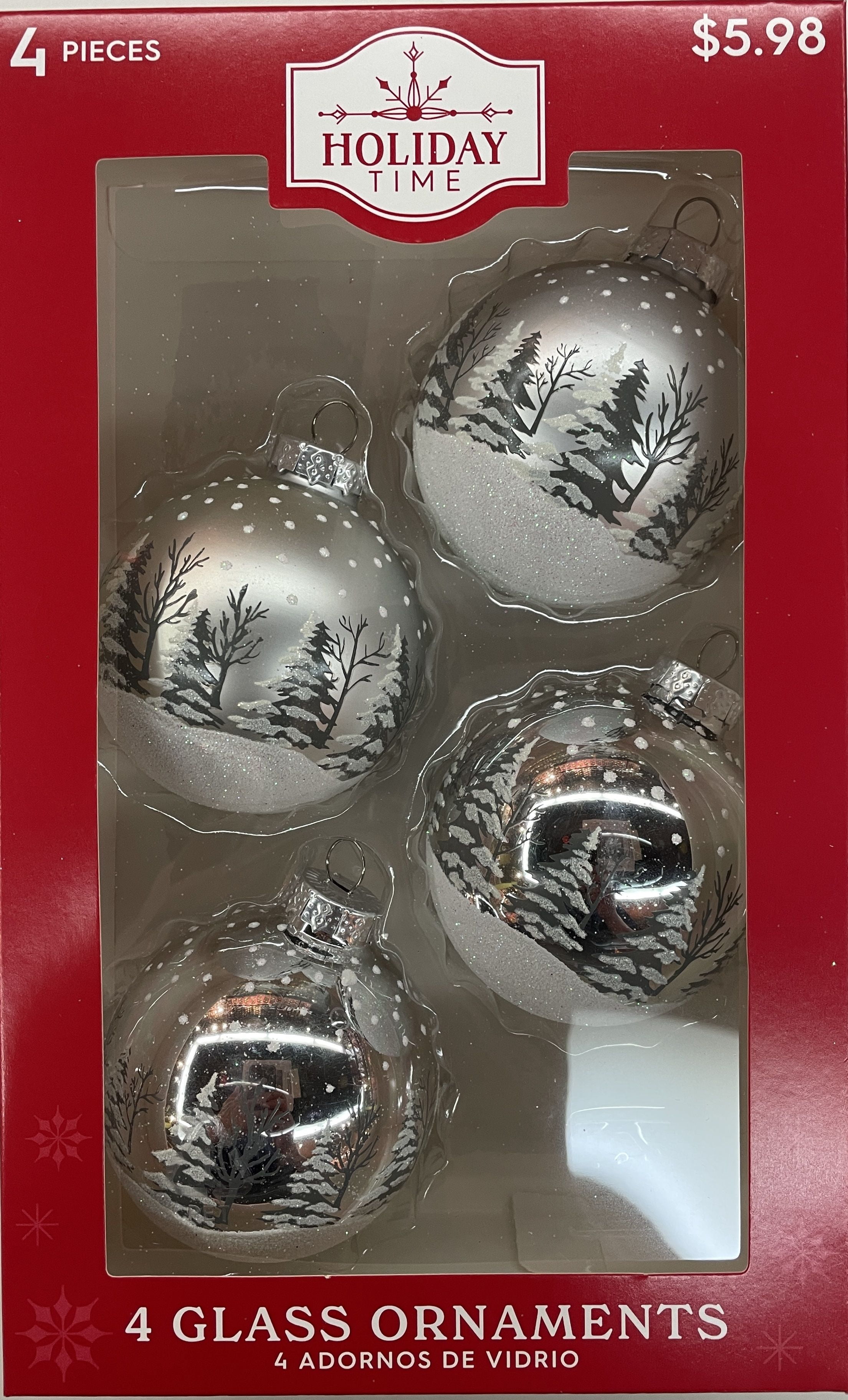 Holiday Time Christmas Silver Assortment Glass Ball Ornaments, 4 count, 65mm, Boxed Glass, Silver/Clear