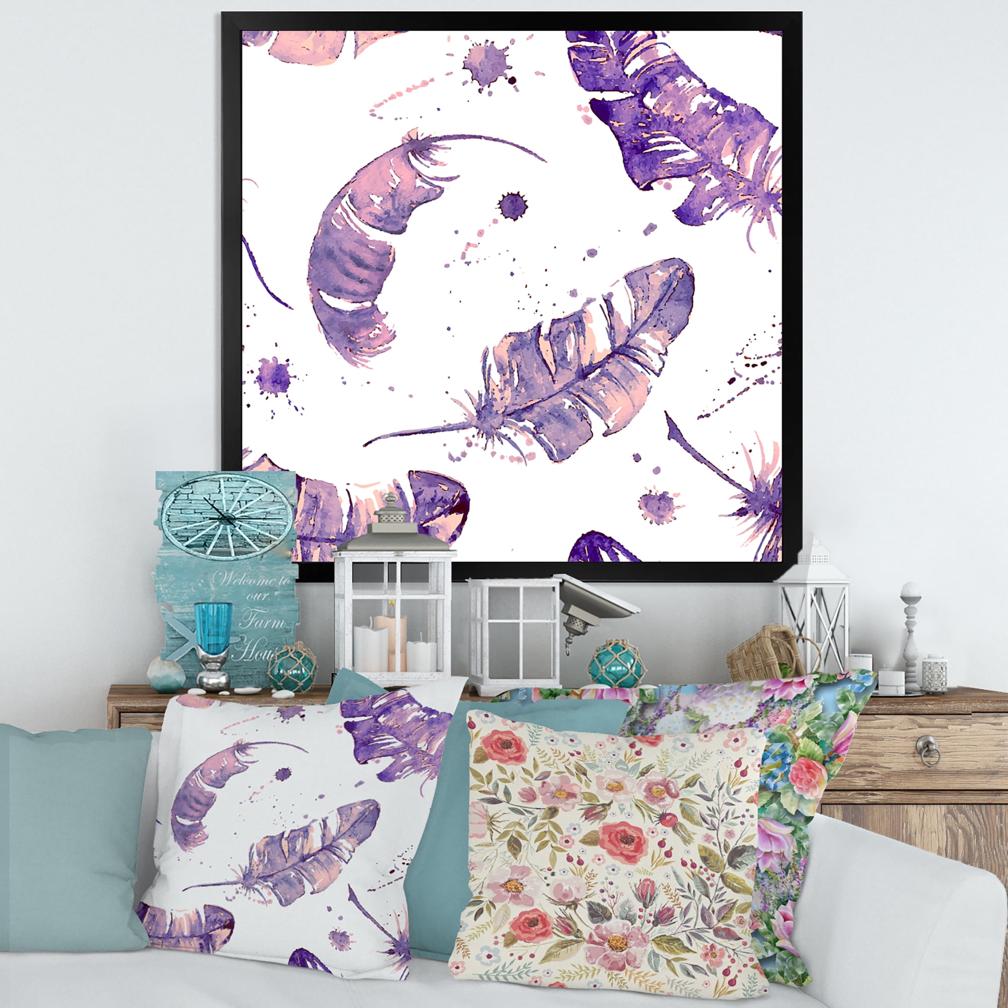 Designart 'Ethnic Purple Feathers Composition' Bohemian & Eclectic Framed Art Print