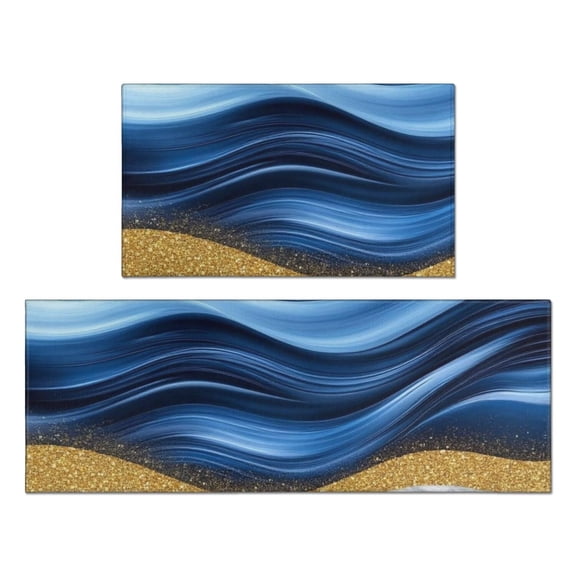 Blue and Gold Marble Pattern Anti Fatigue Kitchen Rugs Set Of 2, Non Slip Washable Decorative Floor Mats for Kitchen Sink Laundry, 17"x30" and 17"x47"