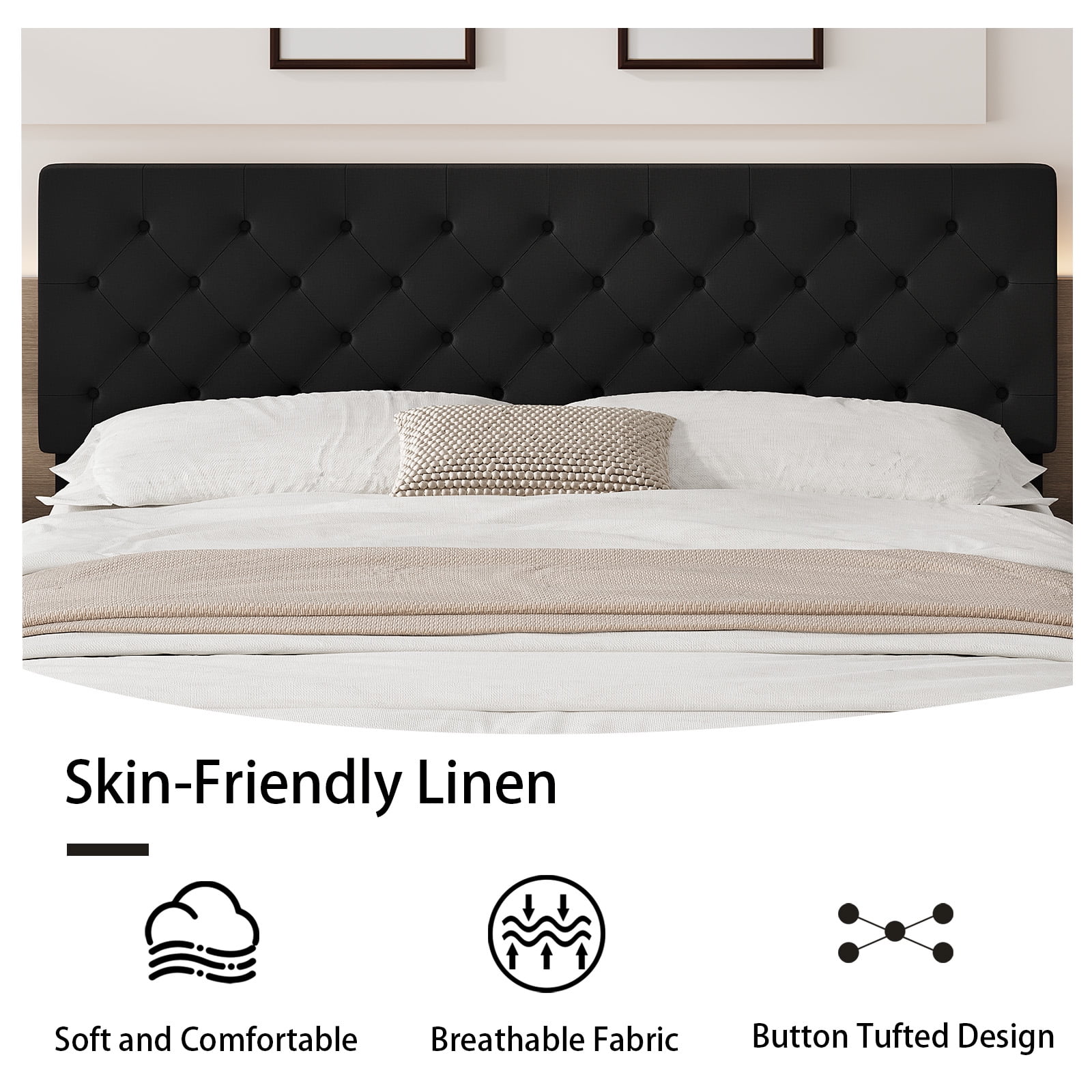 4 Ever Winner King Size Upholstered Platform Bed Frame with Headboard, Black