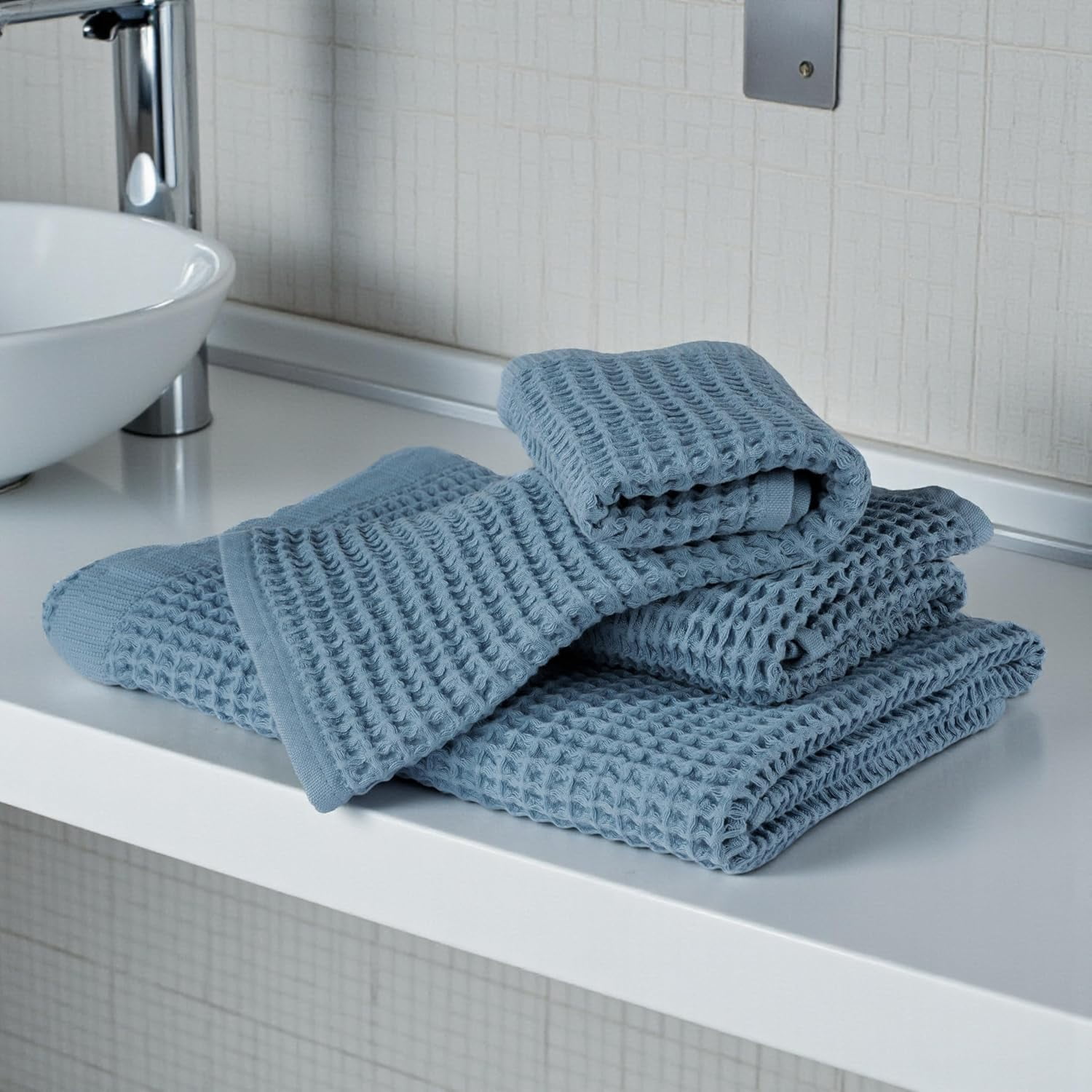 DEMMEX Organic Cotton Waffle Weave Turkish Towel Set for Bathroom, 100% OEKO-TEX Certified Super Soft Turkish Cotton, Lightweight & Quick Dry, 1 Bath & 2 Large Hand Towels, 30x60/20x30 in, Slate Blue
