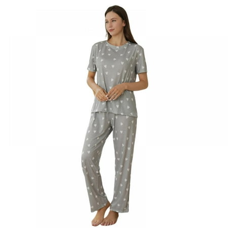 

Womens Pajama Set Heart Pattern Short Sleeve Top & Loose Long Pants Drawstring Bottoms Top Tee Sleepwear Pjs Sets Spring