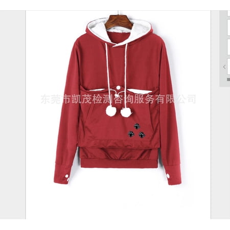 One opening Unisex Cat Ear Big Kangaroo Pouch Hoodie Long Sleeve Pet Cat Dog Holder Carrier Sweatshirt (Red, M)