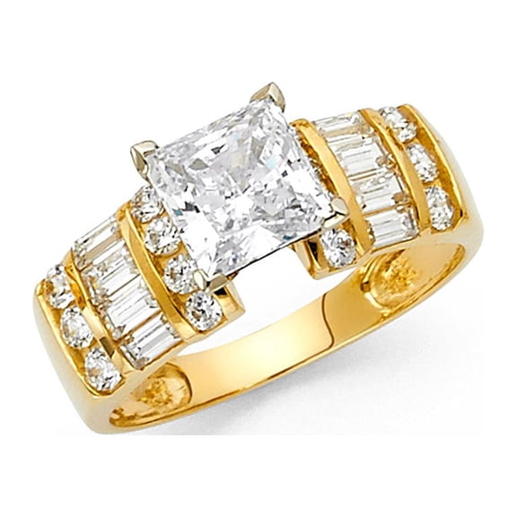 14k Yellow Gold Princess Solitaire CZ Engagement Ring Anniversary Square CZ Band Side Stones, Size 7