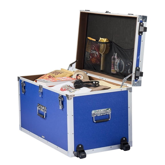 Metal Storage Trunk Set of 2 Wooden Suitcase Box with Padlocks Wheels 3 Handles Decorative Travel Apartment Dorm Chest Blue