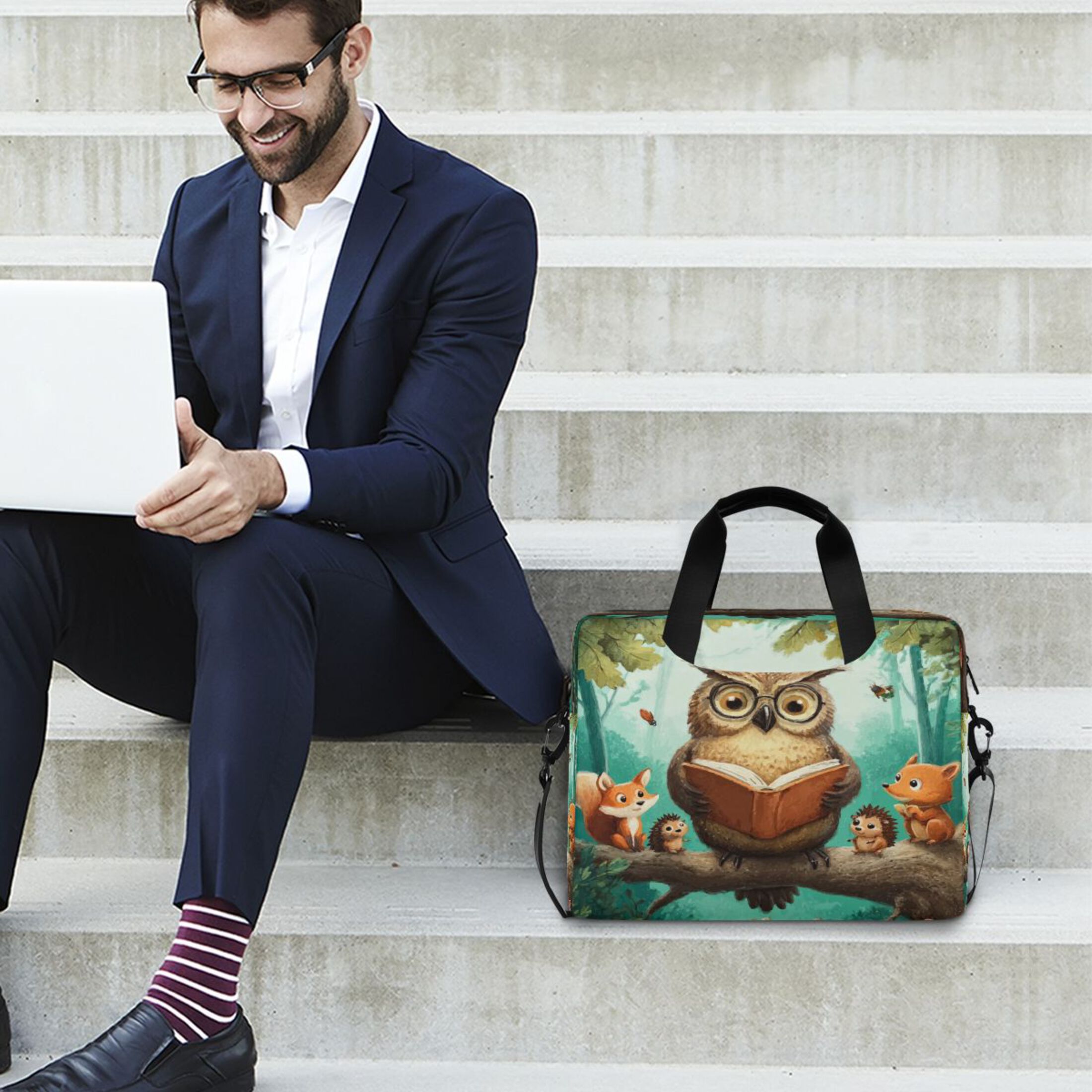 16" Laptop Tote Bag Laptop Sleeve Case Computer Briefcase for Work & Travel Owl Wearing Glasses