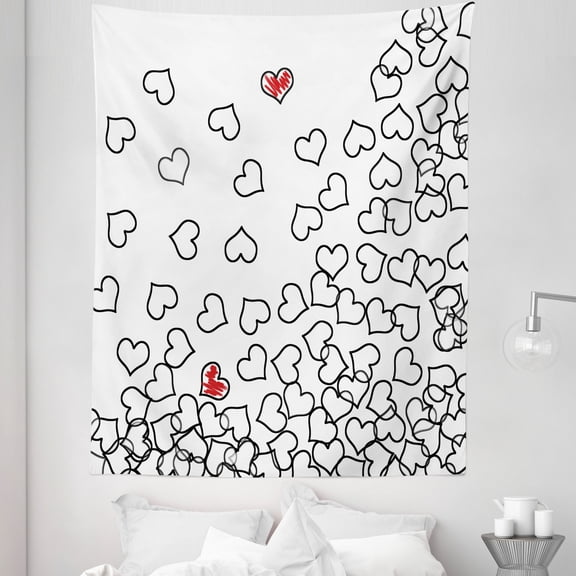 Black White Tapestry, Heart Shapes Illustration Love You Bridal Wedding His and Hers Theme, Fabric Wall Hanging Decor for Bedroom Living Room Dorm, 5 Sizes, Black White Red, by Ambesonne