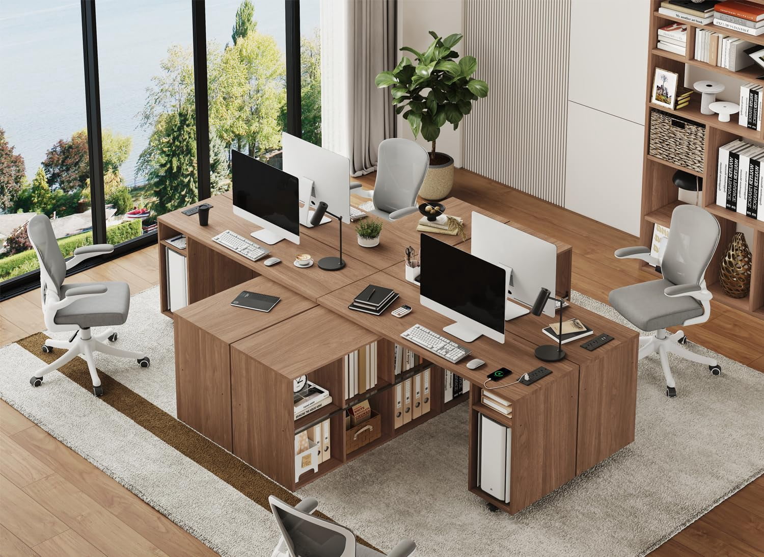 BOSHIRO 360° Rotating L-Shaped Computer Desk with Storage Shelves, Adjustable Swivel Arm Writing Table for Home Office or Bedroom, Rustic Brown Finish