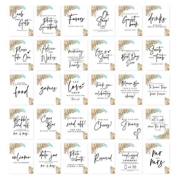 Koyal Wholesale Boho Dried Palm Leaves Wedding Signs Bundle Set for Ceremony, Reception Decor Signage, 30-Pack