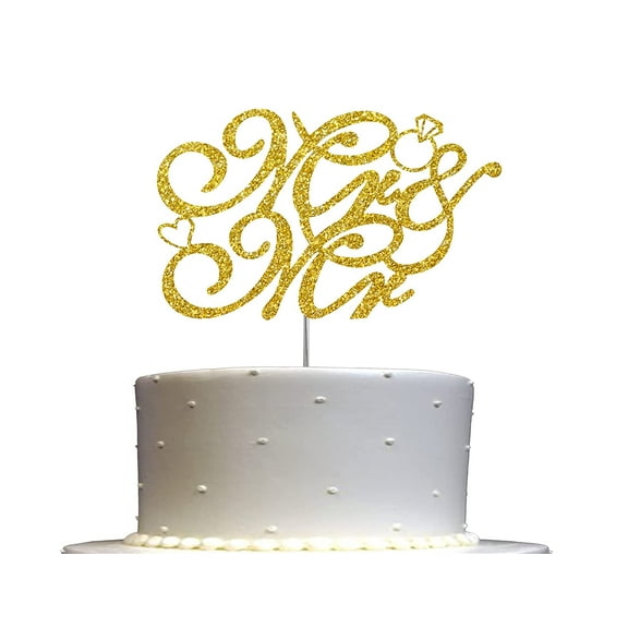 Mr & Mr Gold Glitter Cake Topper, Wedding Party Decorations Ideas, Anniversary, Sturdy Doubled Sided Glitter, Acrylic Stick. Made in USA