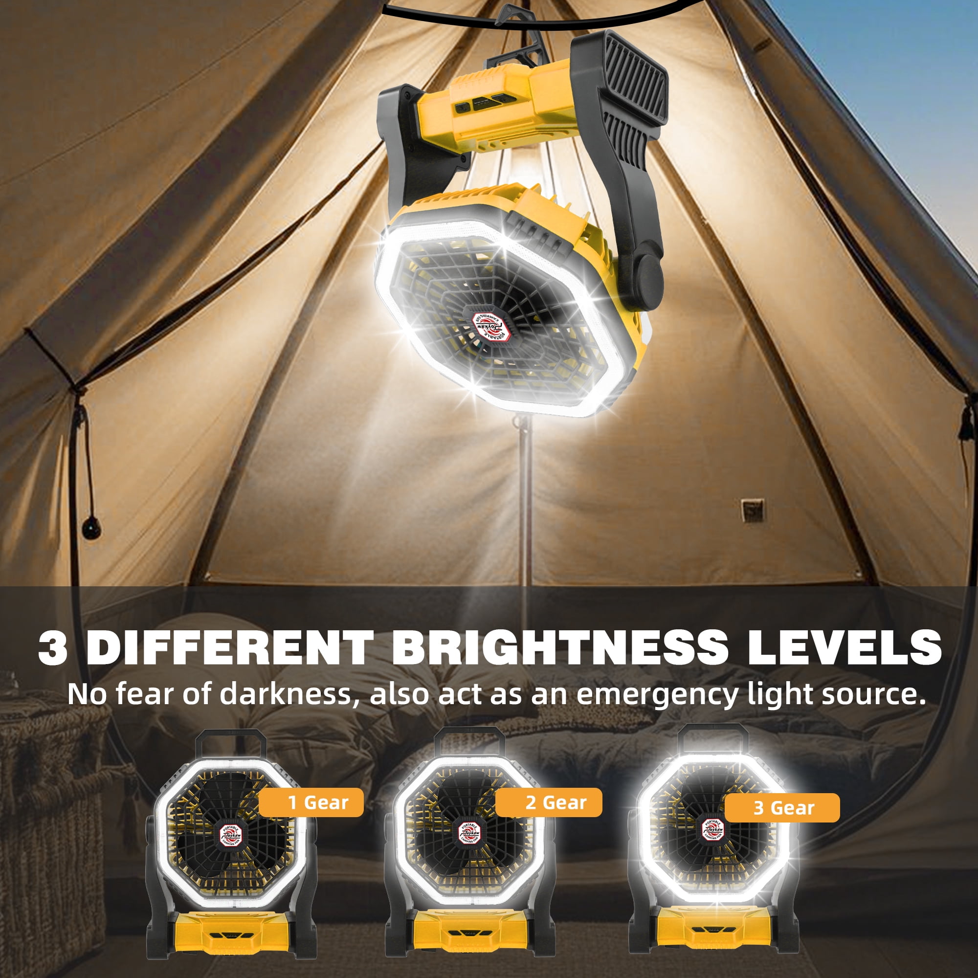 Roykaw Portable Fan for Travel, 10400 mAH Rechargeable Camping Fan, Cordless Battery Powered Fan with Led Light, Battery Fan with Handle, for Tent, Fishing, Hurricane Fan for Bedroom, Yellow