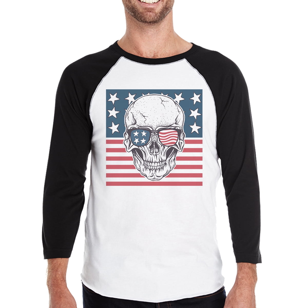 Details about   Skull American Flag Mens Black Raglan Shirt 3/4 Sleeve Crewneck 