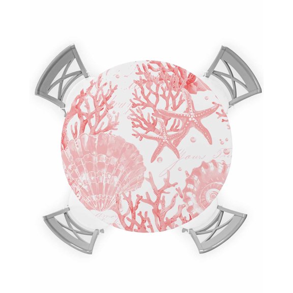 nqOlkjepod Pink Coral Round Tablecloth, Fitted Table Cover with Elastic for 45"-54" Round Tables, Coastal Nautical Ocean Starfish Conch Table Cloth Outdoor Dinning Party Waterproof Tablecloths