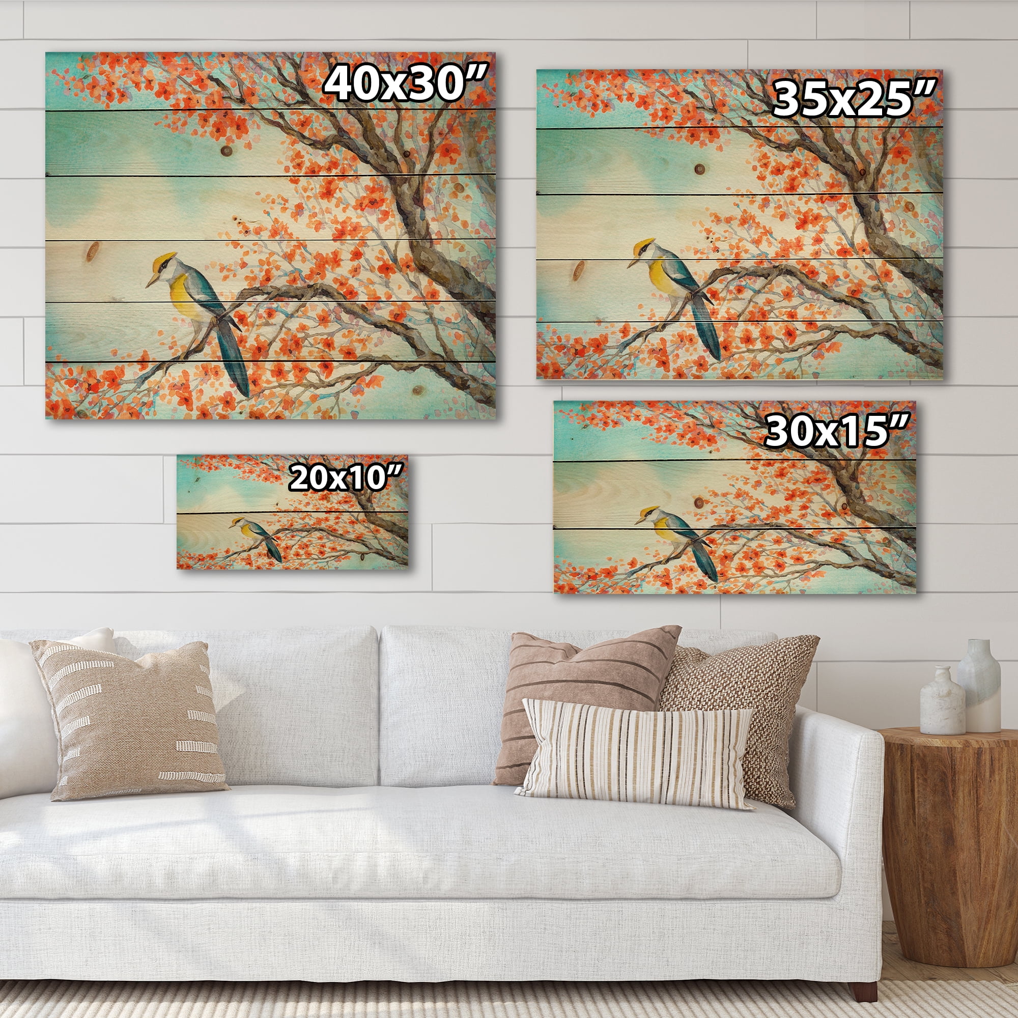 Designart 'Beautiful Orange Bird Sitting On Flowering Branch' Traditional Print on Natural Pine Wood