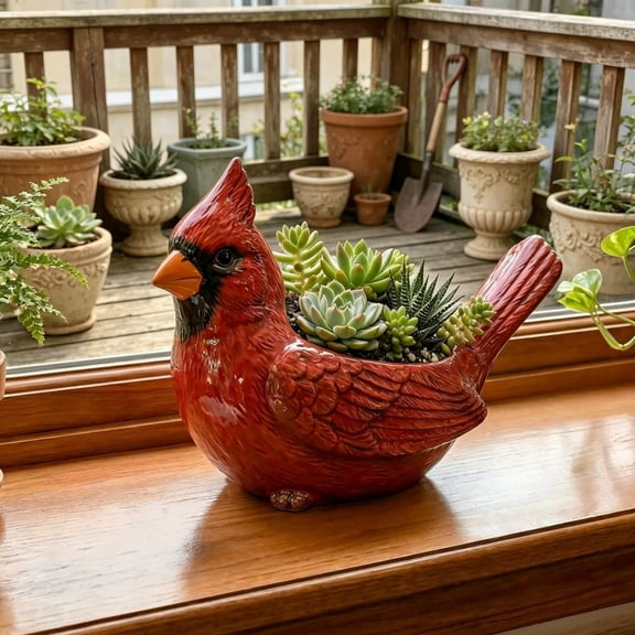 Cardinal Bird Planter - Hand-Painted Plastic Red Bird Flower Pot for Memorial Symbol of Hope - Meaningful Desk & Windowsill Decor for Plant Enthusiasts & Bird Lovers