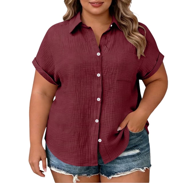 TaTaai Women's Plus Size Casual Shirt, Short Sleeve Button Down with Notch Collar, Patch Pocket Blouse for Everyday Wear Gift