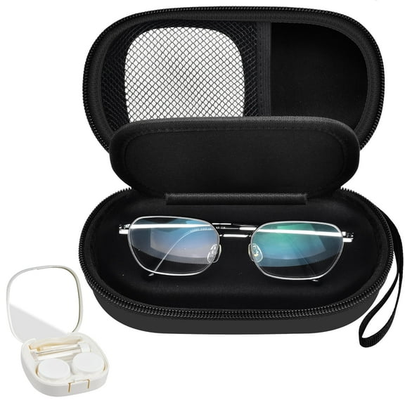 Fleurvie Portable 2 in 1 Contact Lens Case and Glasses Case, Traveling Contact Cases Box Holder with Soak Storage Kit Included Built-in Mirror, Tweezer, Contact Lens Solution Bottle and Hand Strap