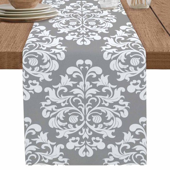 nqOlkjepod Baroque Grey Table Runner 120 Inches Long Farmhouse Dress Scarves, Vintage Damask Classic Floral Dining Tablerunner for Coffee Table/Kitchen Island/Party Décor, 13" x 120"