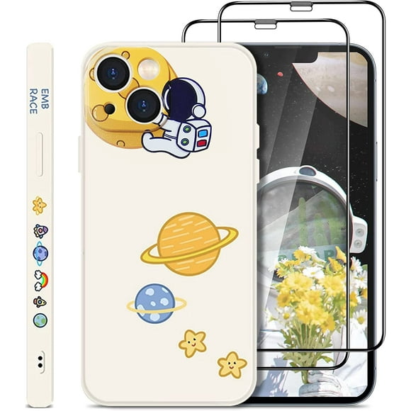 [3p] Jusy Little Astronaut Compatible with iPhone 13 Case & 2*Tempered Glass Screen Protectors Silicone Case Cute Space