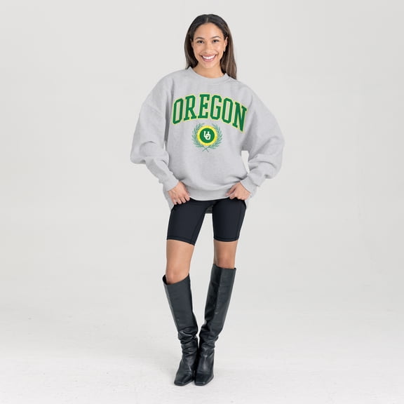 Women's Gameday Couture Ash Oregon Ducks Oversized Tradition Refined Premium Fleece Sweatshirt