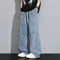 thumbnail image 2 of YLSDY Men's Patch Pocket Wide Leg Jeans, Elastic Waist Drawstring, Classic Loose Fit Denim Pants for Casual Wear Blue XL, 2 of 7