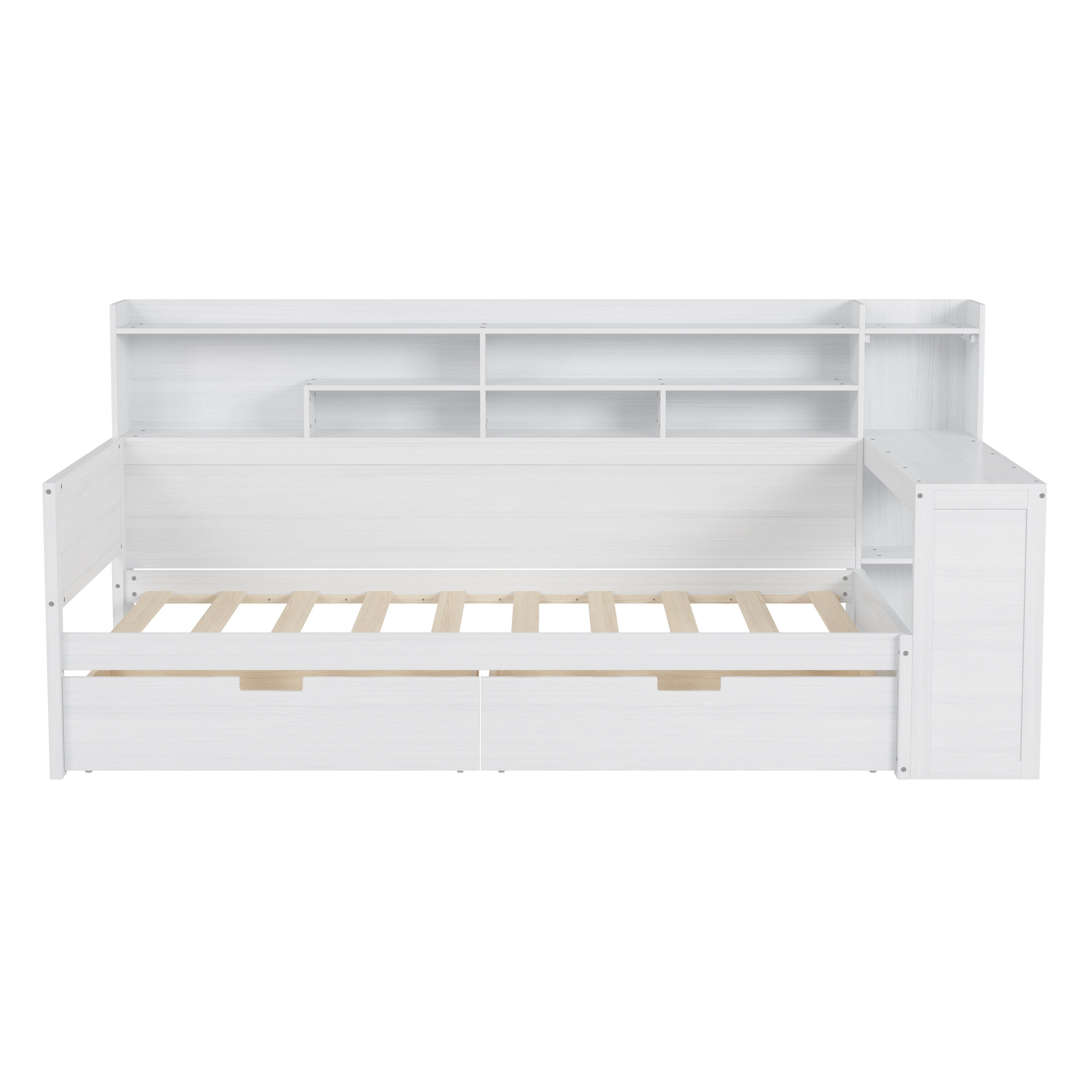 Twin Size Adjustable Bed Base, Wooden Twin Size Daybed with Storage Shelves, Multi-functional Bed with Two Storage Drawers and Study Desk, Antique White (Old SKU: HL000189AAK), Bed Frames