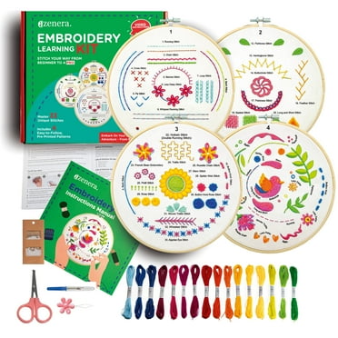 Embroidery Kit for Beginners to Learn 33 Stitches with Video Instructions, Cross Stitch Tutorials, Floss, Hoop, 4 Patterns, Gift