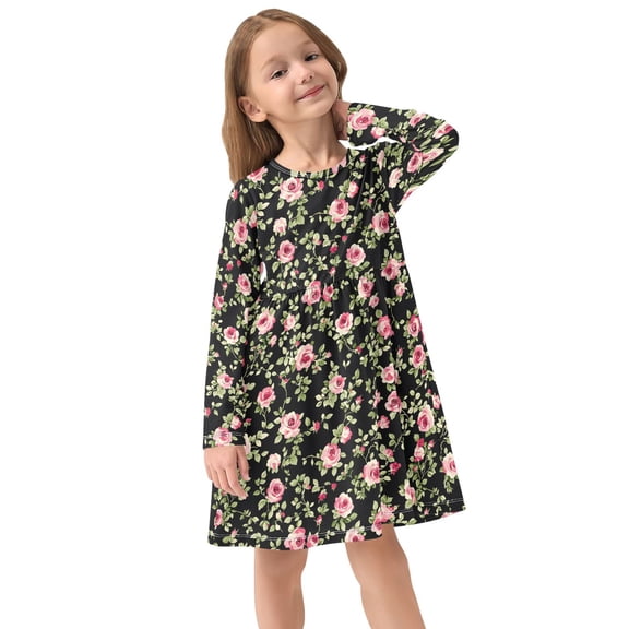 Girls Dress Soft Casual Long Sleeve Cute Dress for Girls Fashion Prints Pink Rose Crew Neck