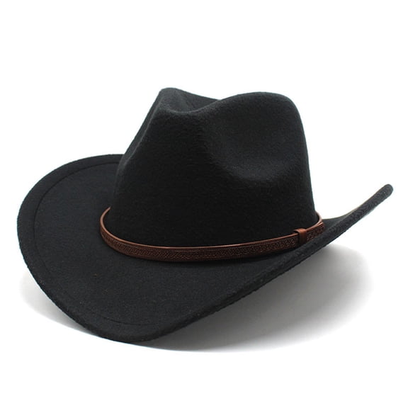 Western Cowboy Hats for Women Classic Felt Wide Brim Fedora Hat with Belt Buckle Retro Panama Hat Unisex Rolled up Cap Black