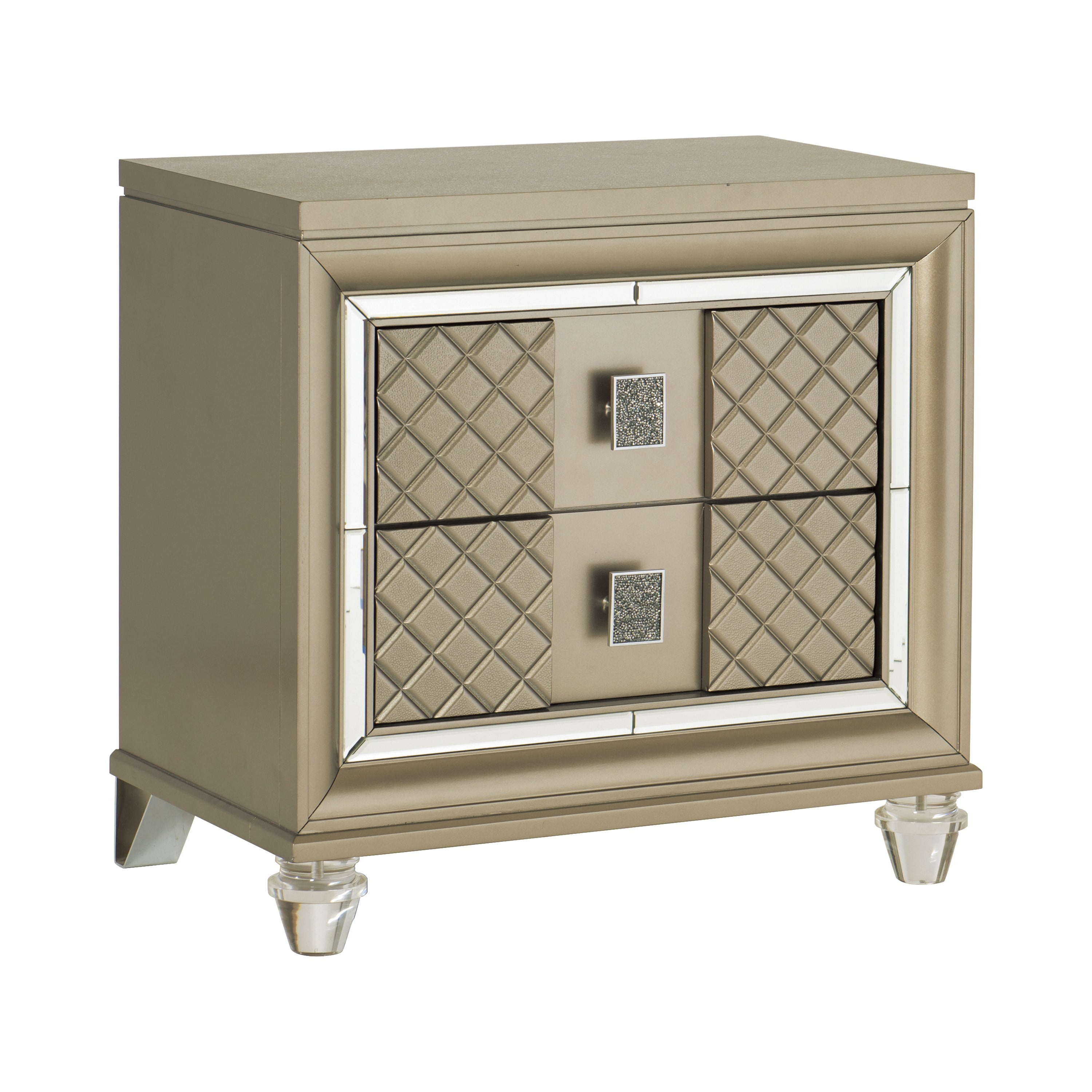 Metallic Finish Nightstand Bedside Table, Embossed Diamond Pattern End