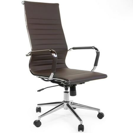 Back Adjustable Office Chair - Barton High Back Adjustable Office Chair Ribbed Upholstered PU Leather Executive Desk Brown Modern w/ Wheels