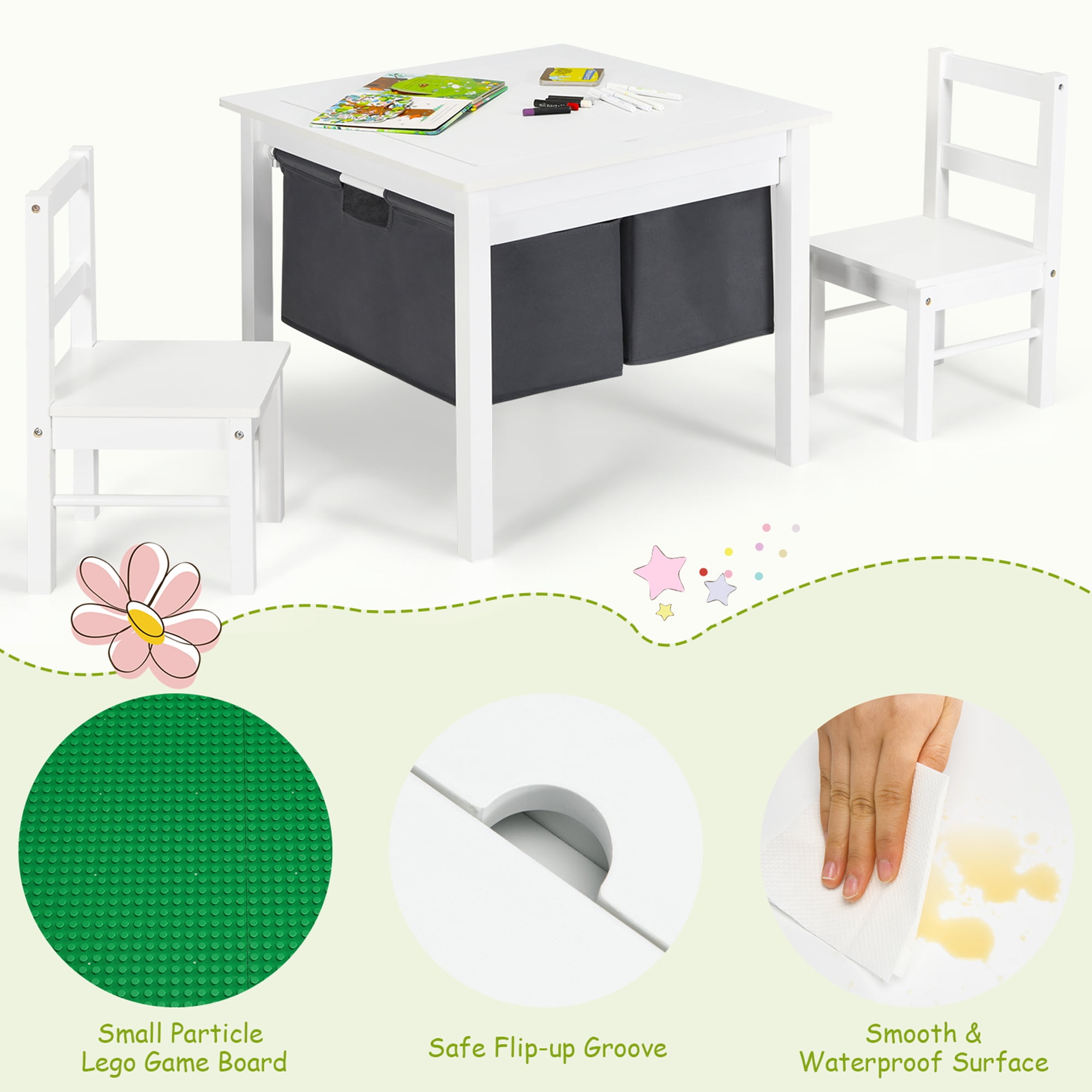 Gymax 2-in-1 Kids Activity Table & 2 Chairs Set w/Storage Building Block Table White