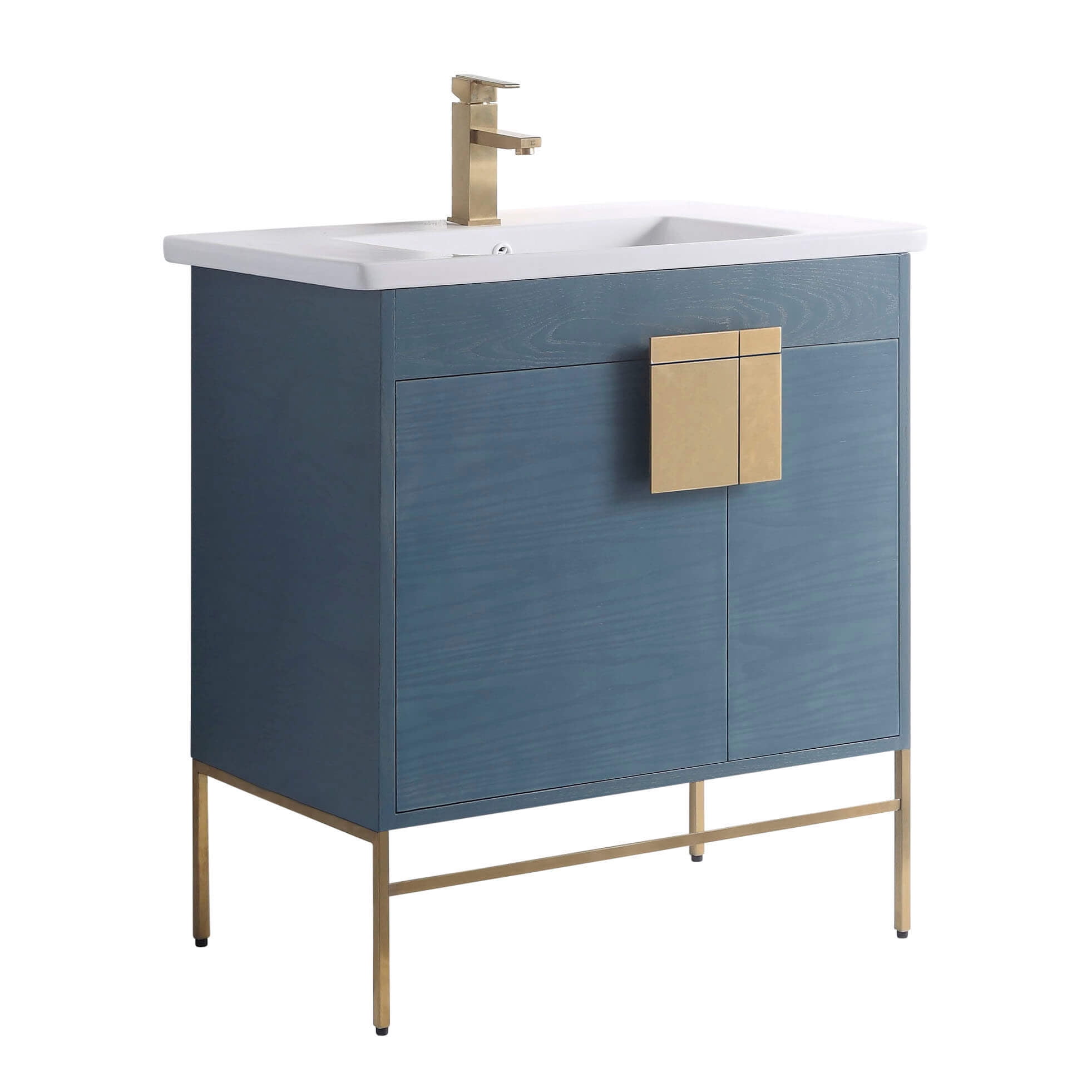 Modern Blue Bathroom Vanity Set, Satin Brass Hardware, Vireous China Sink Top