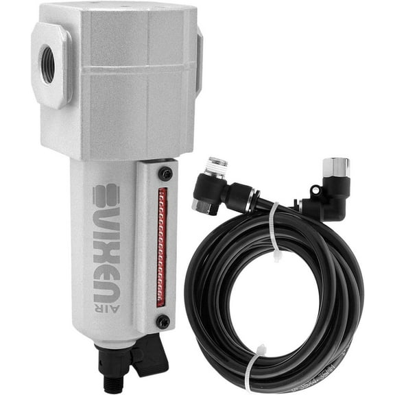 Vixen Air 3/8" NPT Aluminum Air Filter/Water Trap/Separator for Air Ride/Suspension/Air Tools w/Remote Drain Kit Silver VXF3938SR