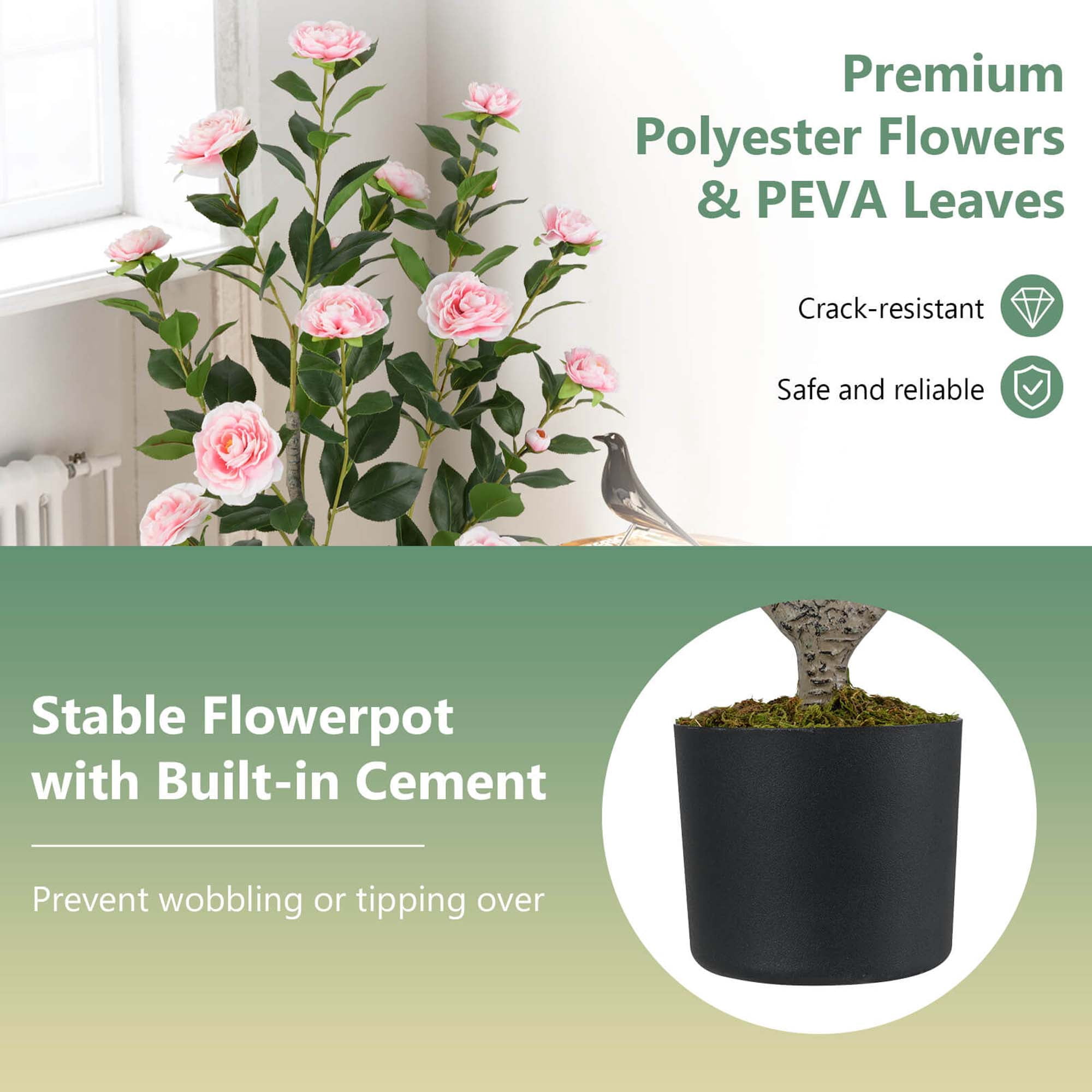 Costway 1 PCS 36" Artificial Camellia Tree Fake Potted Tree Greenery Floral Plant Modern Pink